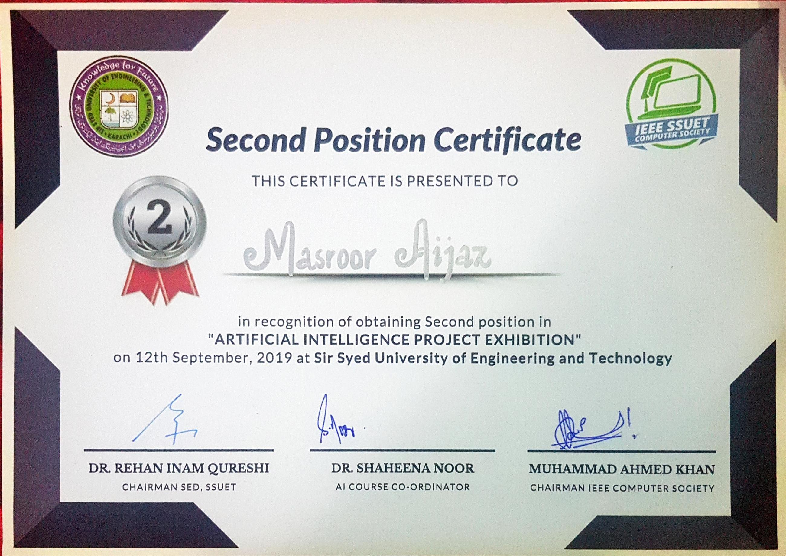 2nd Position in AI Exhibition Certificate